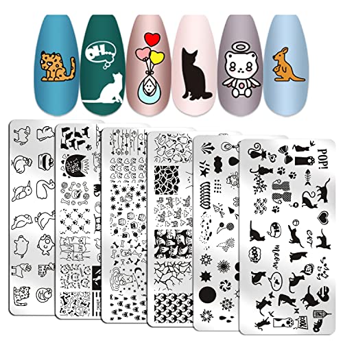 Wokoto 6pcs Slatke životinje ploče za žigoni za nokte mačke pse štenad zeko medvjedi patke ploče za nokte za umjetnost noktiju
