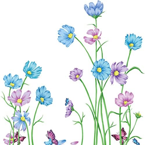 Akvarel Zidna naljepnica s plavim i ljubičastim cvijetom krizantema leptir Zidna naljepnica uklonjivi vinilni vrtni buket