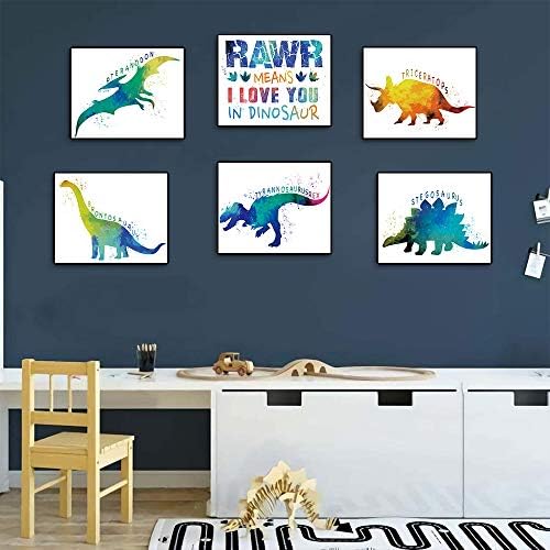 Suuura-OO Roaring Dinosaur Spavaća soba Cool akvarel umjetnosti set od 6, ljupki naziv nazvanja Word Word Wall Art poster