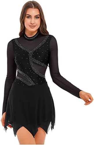 Tiaobug ženska haljina za klizanje na ledu patchwork mrežica spandex dugih rukava figura klizanje plesne haljine