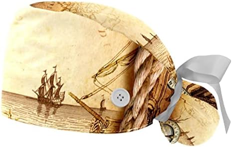 Medicinske kape za žene s gumbima dugačka kosa, 2 komada podesiva radna kapica, vintage nautički kompas višebojan