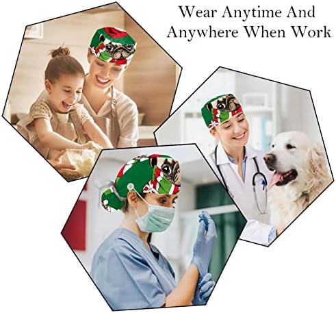 Ratgdn Medicinske kape za žene s gumbima dugačka kosa, 2 komada podesiva radna kapa, smiješni pseći pug božićni šešir
