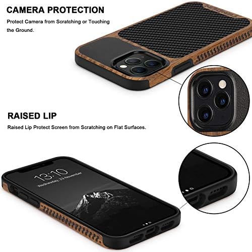 Tenglin kompatibilan s iPhone 12 Pro Max Case Wood zrno s teksturom od ugljičnih vlakana Koža kožni hibridni slučaj crni