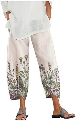 Posteljine hlače za žene plaža casual labave cvjetne elastične hlače za crtanje udobne široke noge duge hlače s džepovima