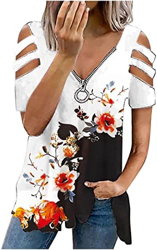 Ljetna majica za žene Zipper v Neck Hladni rame gornji gornji dio cvjetni tiskani bluza tunika za gamaše