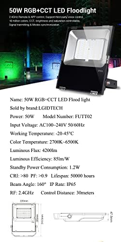 LGIDTECH FUTT02 Miboxer 50 W RGB + CCT Vanjska vodootporan krajolik rasvjeta led reflektor AC100-240V s promjenom boje, podesiva