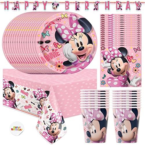 Pribor za rođendan Minnie Mouse / ukrasi za rođendan Minnie Mouse / tanjuri i salvete Minnie Mouse, šalice, stolnjak i natpis