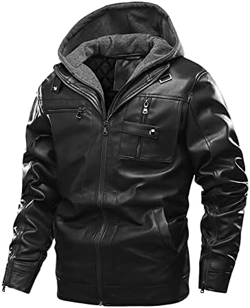 Luvlc Muška kože i lažne kožne jakne i kaputi, zgušnjavanje tople hipi motociklističke jakne s uklonjivom kapuljačom