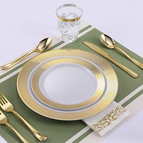 102PCS jednokratne plastične ploče sa zlatnim obodom za zabave, 51pcs 10-inčni tanjuri za večeru i 51pcs 7-inčni desertni