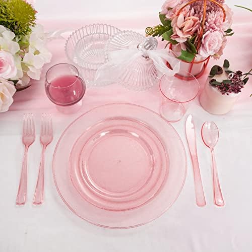 150pcs ružičasti Plastični tanjuri jednokratni set ružičastog posuđa prozirni ružičasti tanjuri za zabave sa srebrnim svjetlucavim