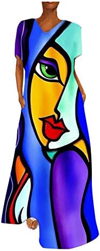 Ženska duga Maksi haljina u vintage stilu s cvjetnim printom kratkih rukava s izrezom u obliku slova u, ležerna široka Midi