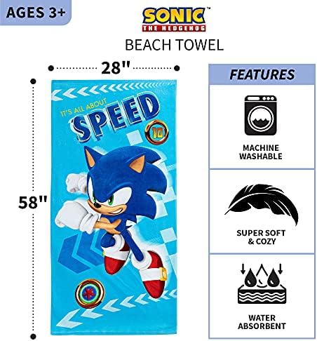 Franco Kids Super mekani pamučni ručnik za plažu, 58 u x 28 in, Sonic The jež