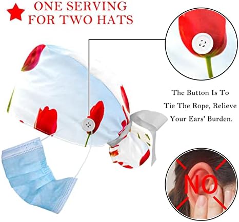 Medicinske kape za žene s gumbima dugačka kosa, 2 komada podesiva radna kapa, živahna ljepota romantična crvena tulipana