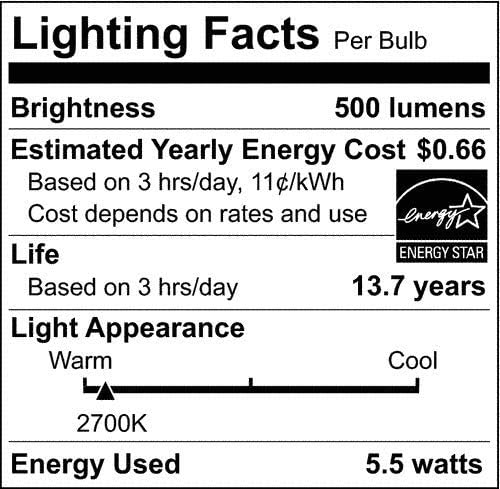 LED dioda od 5,5 vata od 11373 do 11; mat; Baza kandelabra; 2700 K; 500 lumena; 120 volti; 6-komadni kalifornijski standard