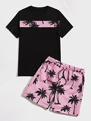 Floerns Muška 2 -komadna odjeća grafički print majice košulje vuče trake kratke hlače set crne ružičaste s