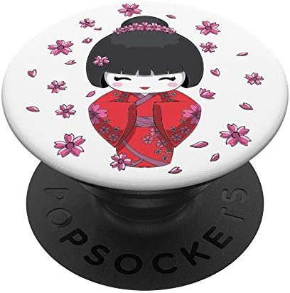 Japanska lutka Kawaii Kokeshi u kimonu i cvjetovima Cherry Popsockets Popgrip: Zamjenjivo prianjanje za telefone i tablete