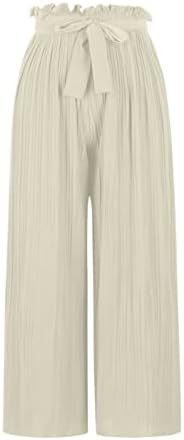 LCEPCY visokog struka s naboranim hlačama s širokim nogama Žene vezanje čvor prednje solidne boje hlače Lagane ljetne hlače