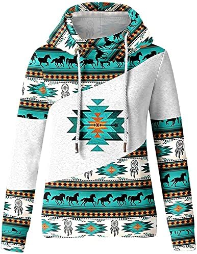 Akivide žene aztec konjski tisak etnički stil kapuljača dugi rukavi kornjača za vrat pulover pulover kapuljača vrhovi