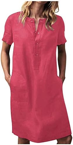 UIKMNH Ženska haljina od tunike solidna ravna zarez ljeto ležerna kratka rukava pamučna lanena majica kratka džepna haljina