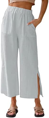 Grge beuu lagane hlače za žene široke noge visoki struk labave hlače ženske pamučne lanene bočne hlače s džepom