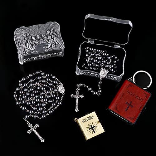 Oemoo krunice kuglice katolik za muškarce, hematit krunice crne kamene kuglice, ogrlica od legure krunice, kršćanski darovi