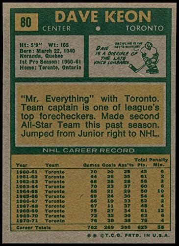 1971. Topps 80 Dave Keon Toronto Maple Leafs NM Maple Leafs