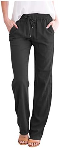 Xinshide lanene hlače za žene casual visokog struka palazzo hlača udobna ravna noga labave hlače s džepovima