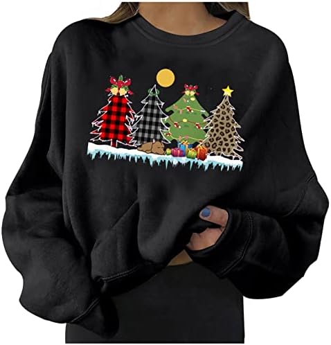FMCHICO Božićni džemperi za žene Prevelike dukserice Sretan božićni tisak pulovera košulje dugih rukava