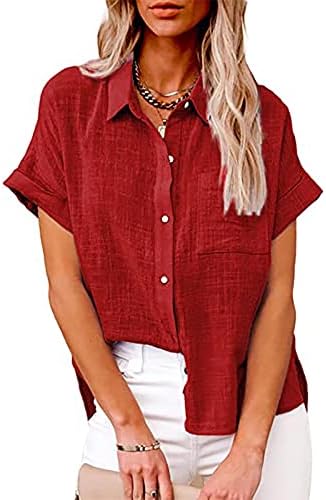 Amikadom kratki rukavi majice za žene ljeto jesen vneck kornjače lanene bluze tinejske majice dame gumb dolje vože