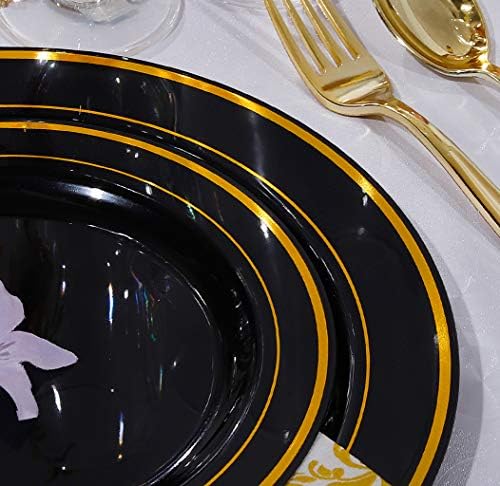 125 komada crnih plastičnih tanjura sa zlatnim obodom i jednokratnim zlatnim plastičnim srebrnim priborom-uključuje 25 tanjura