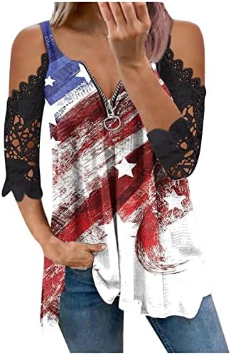Ženske američke zastave zvijezda prugaste čipke hladne rame majice 4. srpnja Dan neovisnosti labave grafičke košulje