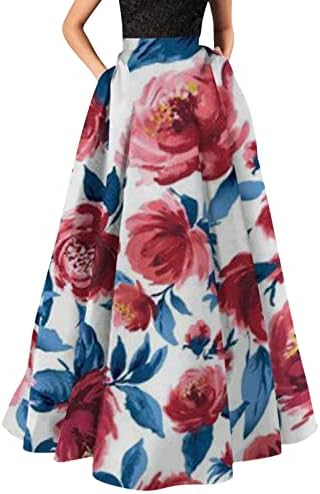 Cvjetni tisak Vintage Boho Maxi suknje za žene ležerne ljetne suknje s džepovima visoki struk Swing Rayed A-Line suknja