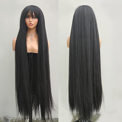 Heneikecchi 48 inča super duga velika perika za kosu, crna kovrčava ravna perika sa šiškama, jaka perika za crne žene, Sintetičke
