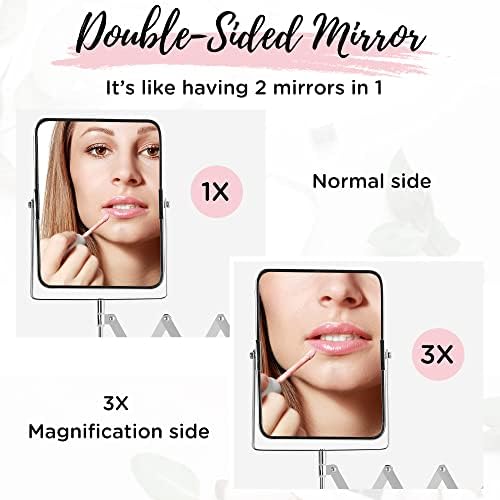 Zidno montirano ogledalo za brijanje i šminku, dvostrano povećavanje 3x / 1x, 11 ekstenzijski okretni i veliko ogledalo s