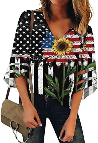 Ženske košulje 3/4 rukava 2023 Deep v Neck American Flag Graphic Capri Mesh Patchwork Bluza majica za djevojčice xs