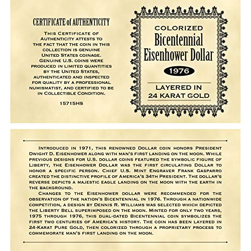 Mjesec slijetanje Eisenhower Dvogodišnji dolar slojevito u zlatu | 50. godišnjica kovanica | Potvrda o autentičnosti - američko