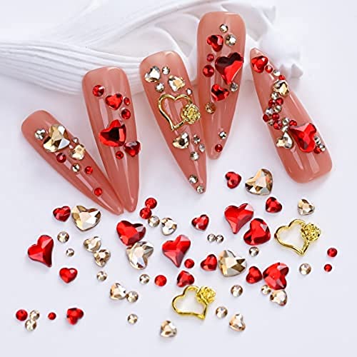 2Box （1534 PCS） Pomiješajte veličine crvenih noktiju na noktima srca Ljubav okrugli oblik umjetnosti noktiju, kristalni dijamanti
